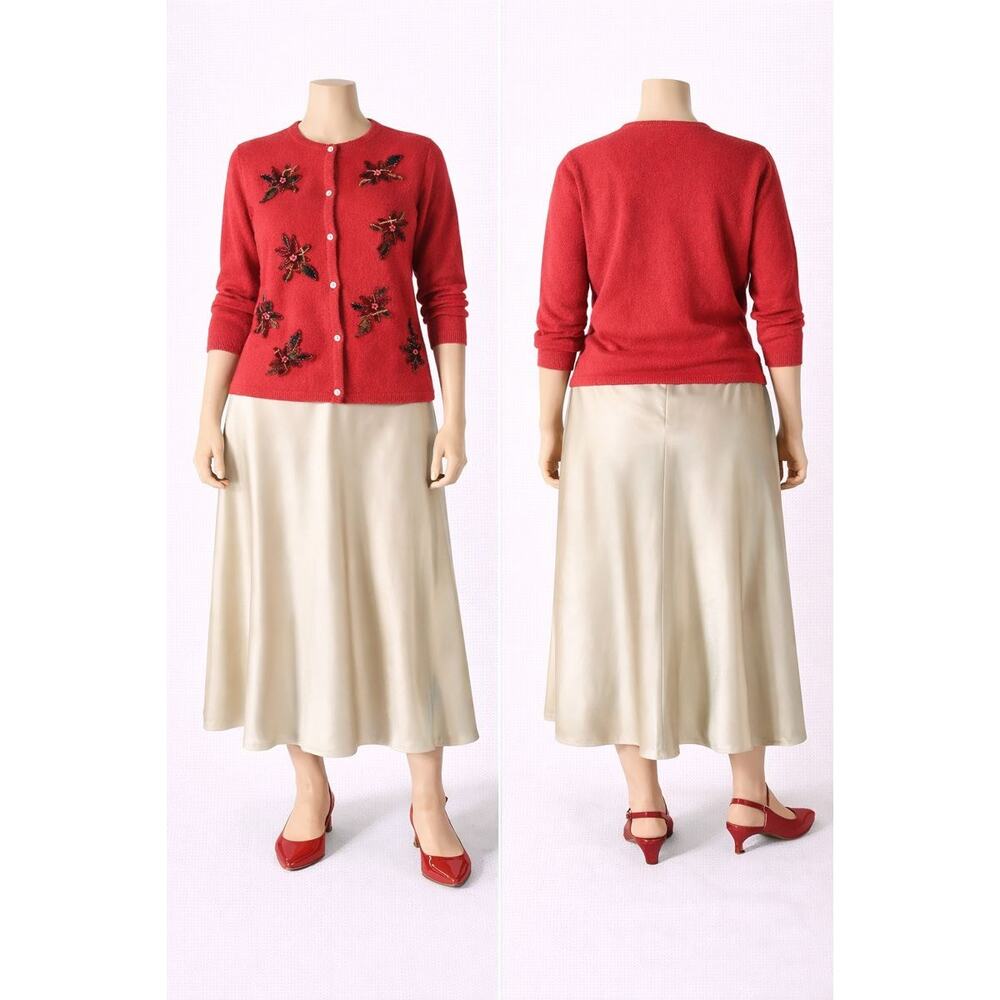vtg Villager Sport Wool Cardigan M Red Beaded Floral Holiday Embroidered Sweater